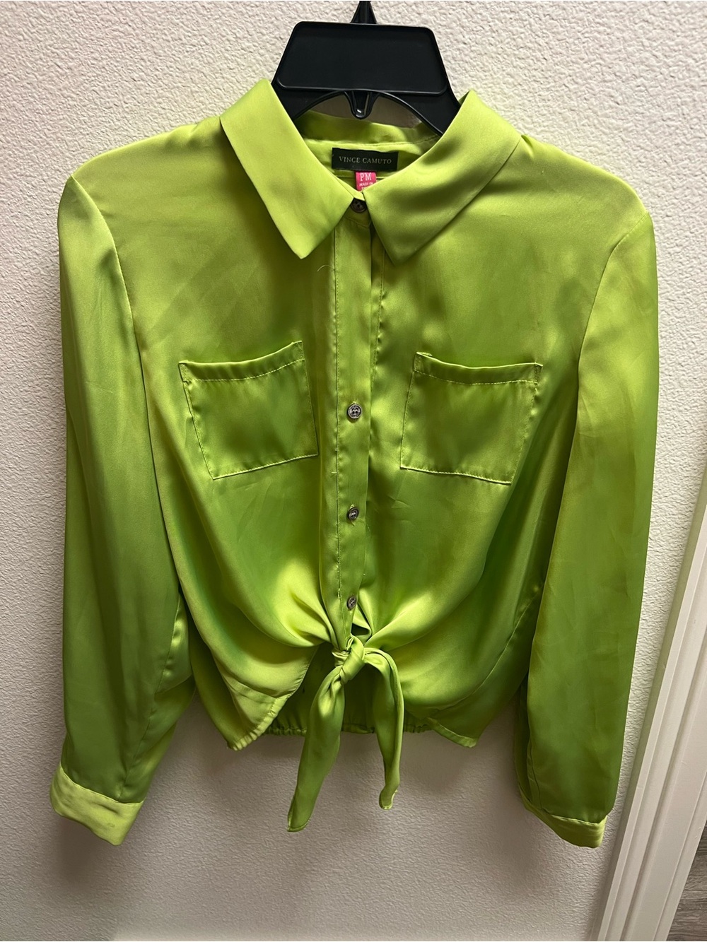 Vince Camuto Neon Lime Tie-Front Button Blouse